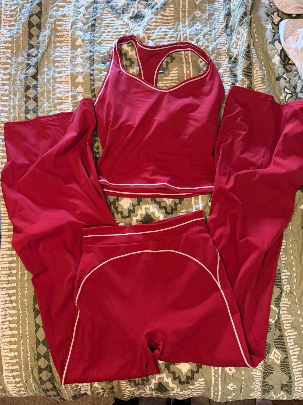 Red Athletic Tank and Leggings Set with White Piping